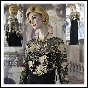 David Meister Long Evening Dress Gown New w/ Tags Black Size 12 Gold Embroidery